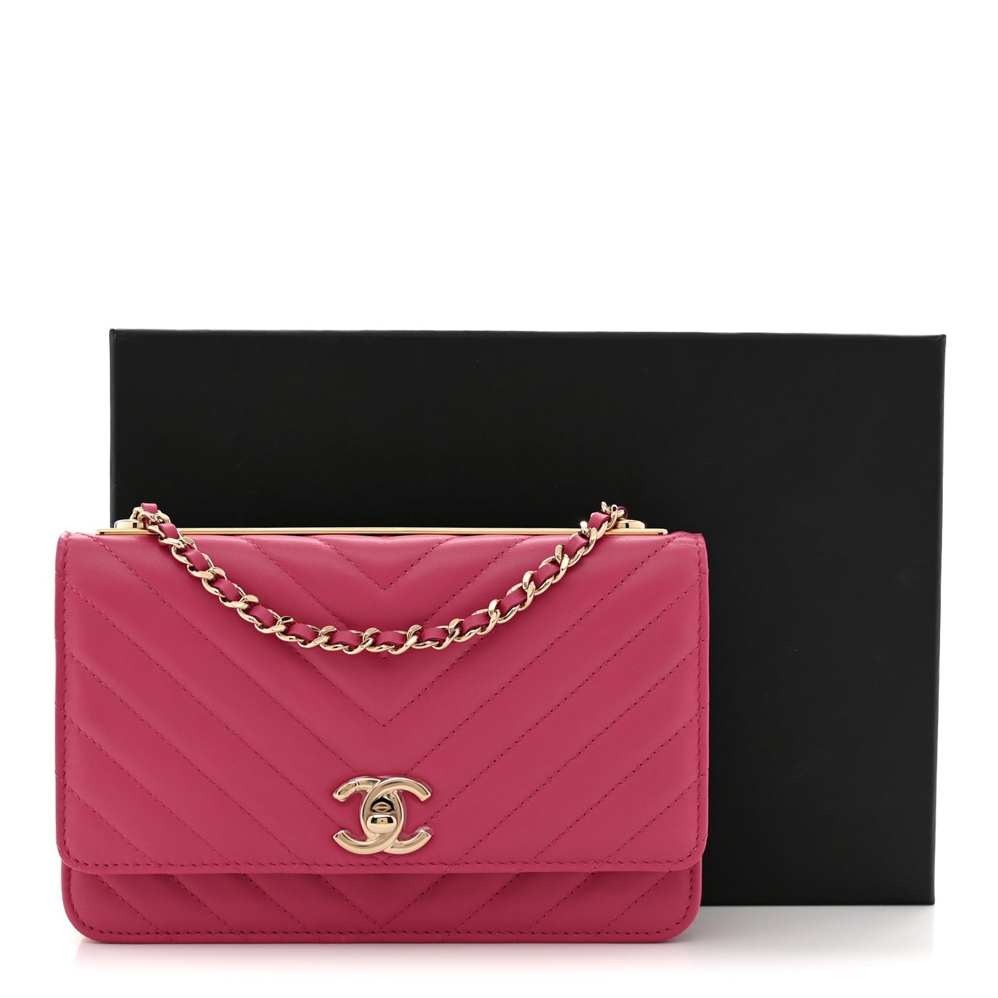Lambskin Chevron Quilted Trendy CC Wallet On Chain WOC Pink