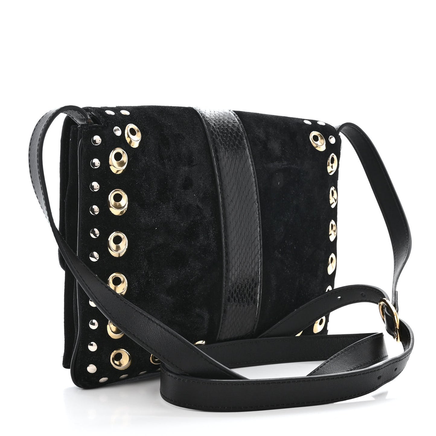 Suede Snakeskin Studded Medium Arli Flap Shoulder Bag Black