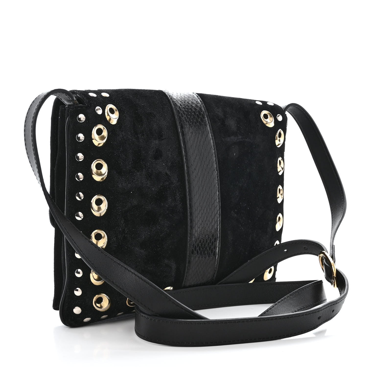 Gucci Suede Snakeskin Studded Medium Arli Flap Shoulder Bag Black 3 of 11