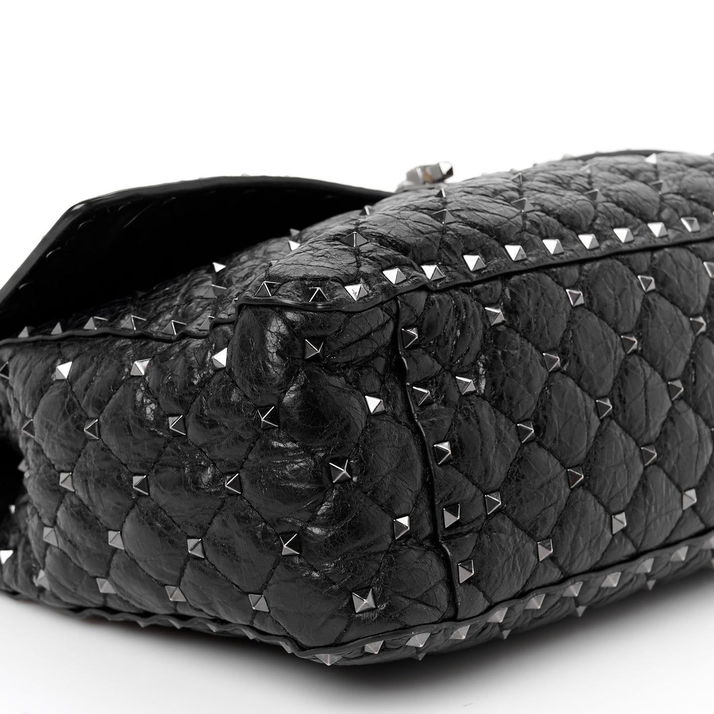 Craquele Nappa Large Rockstud Spike Shoulder Bag Black
