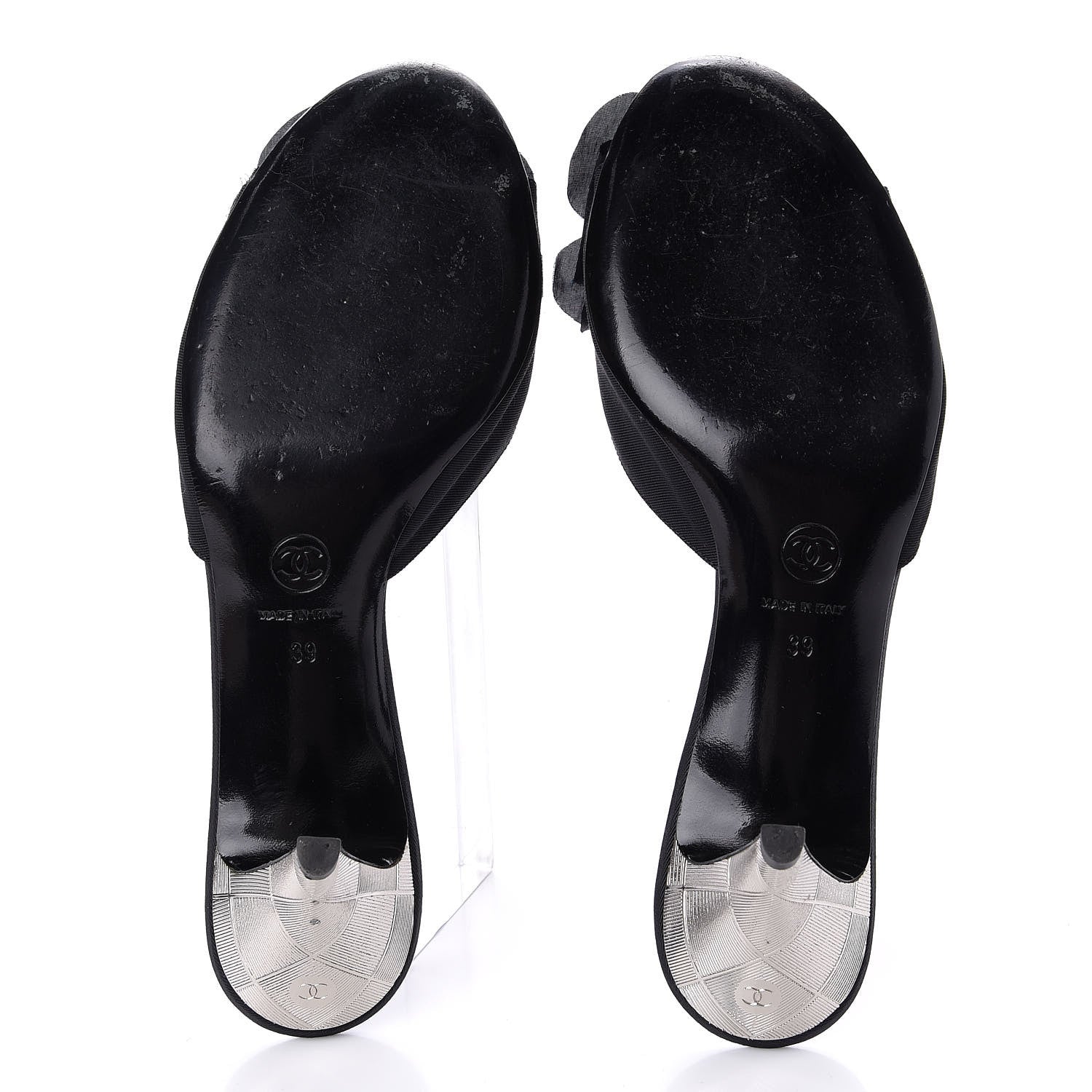 Chanel Metal Silk Grosgrain Camellia Mules 39 Black 5 of 10