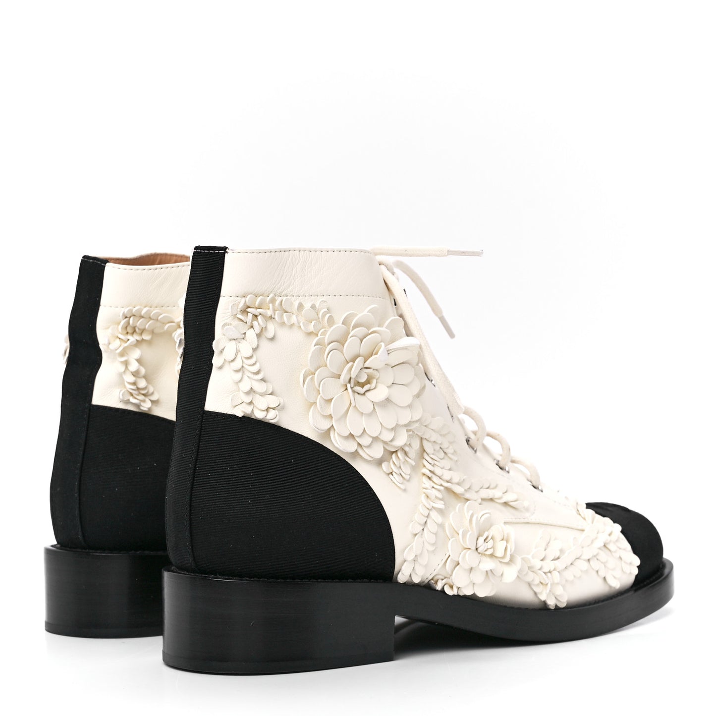 Embroidered Lambskin Grosgrain Lace Up Boots 41 White Black
