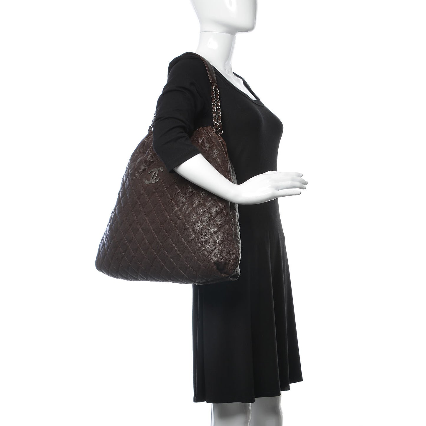 Distressed Glazed Caviar Quilted Large Elastic Tote Dark Brown