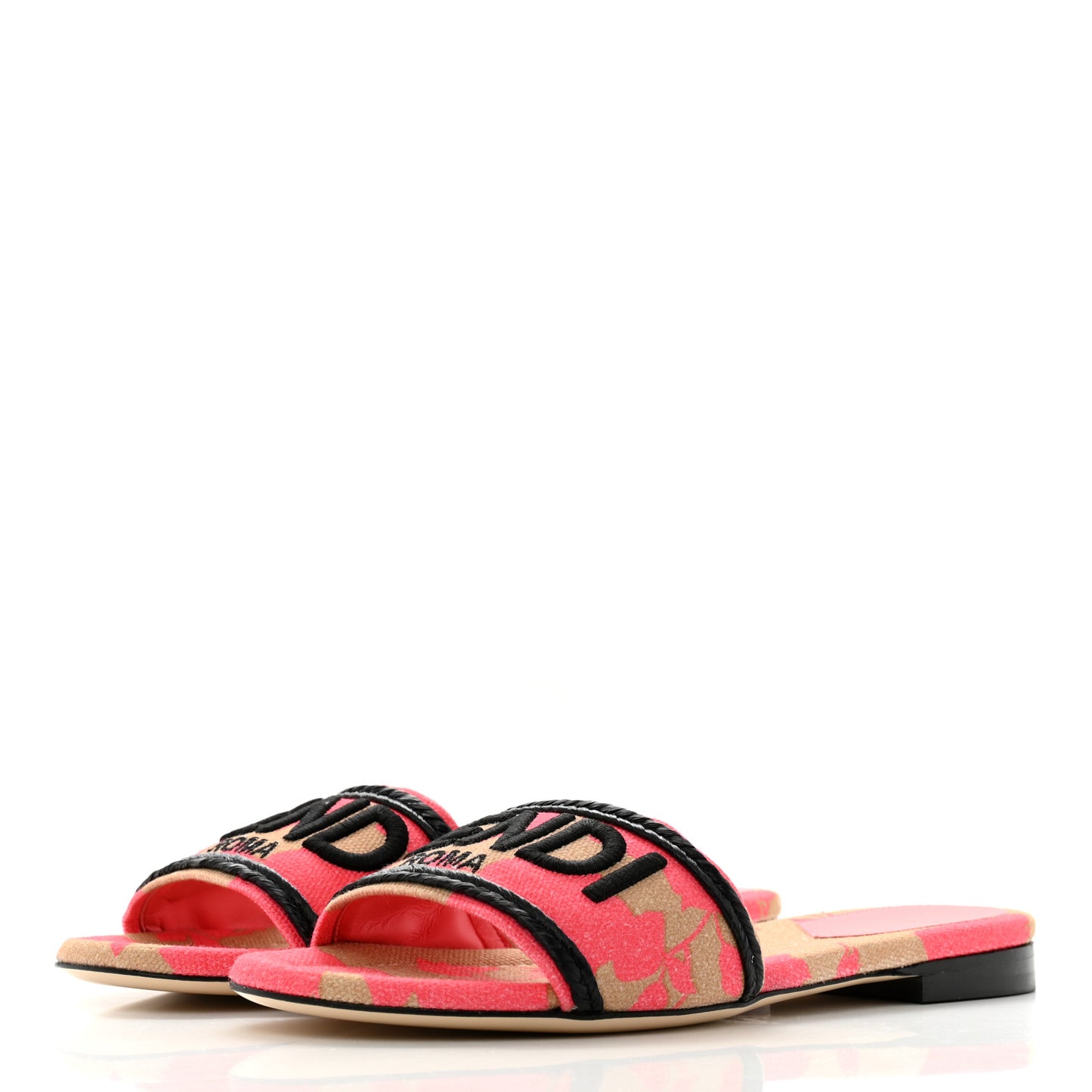 Canvas Rose Logo Embroidered Flat Slide Sandals 36 Kissed Black