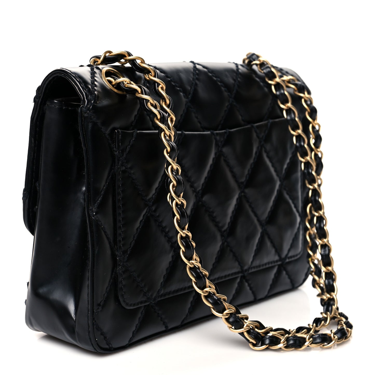 Glazed Calfskin Stitched Small Flap Black