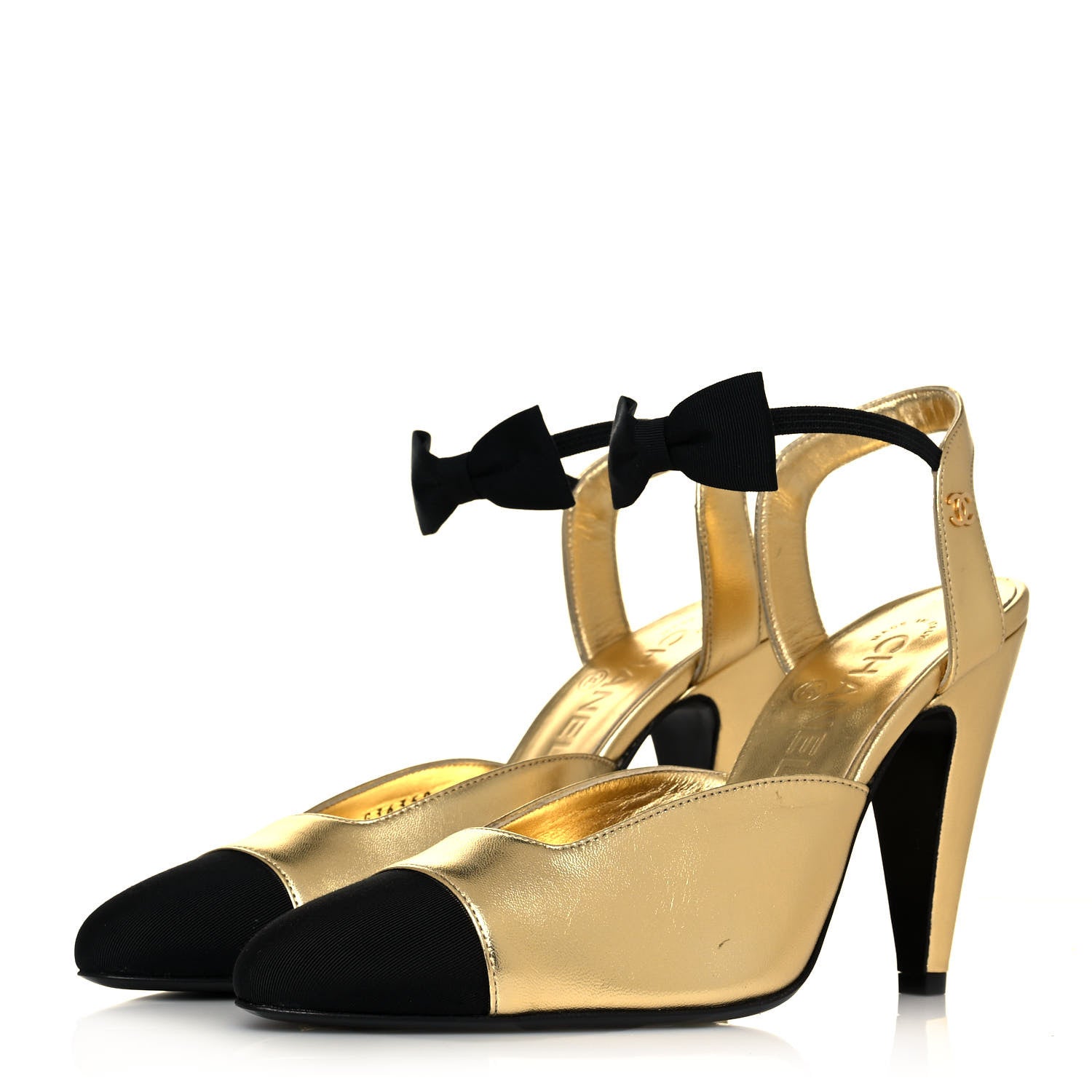 Chanel Laminated Lambskin Grosgrain Cap Toe CC Pumps 38 Gold Black 3 of 10