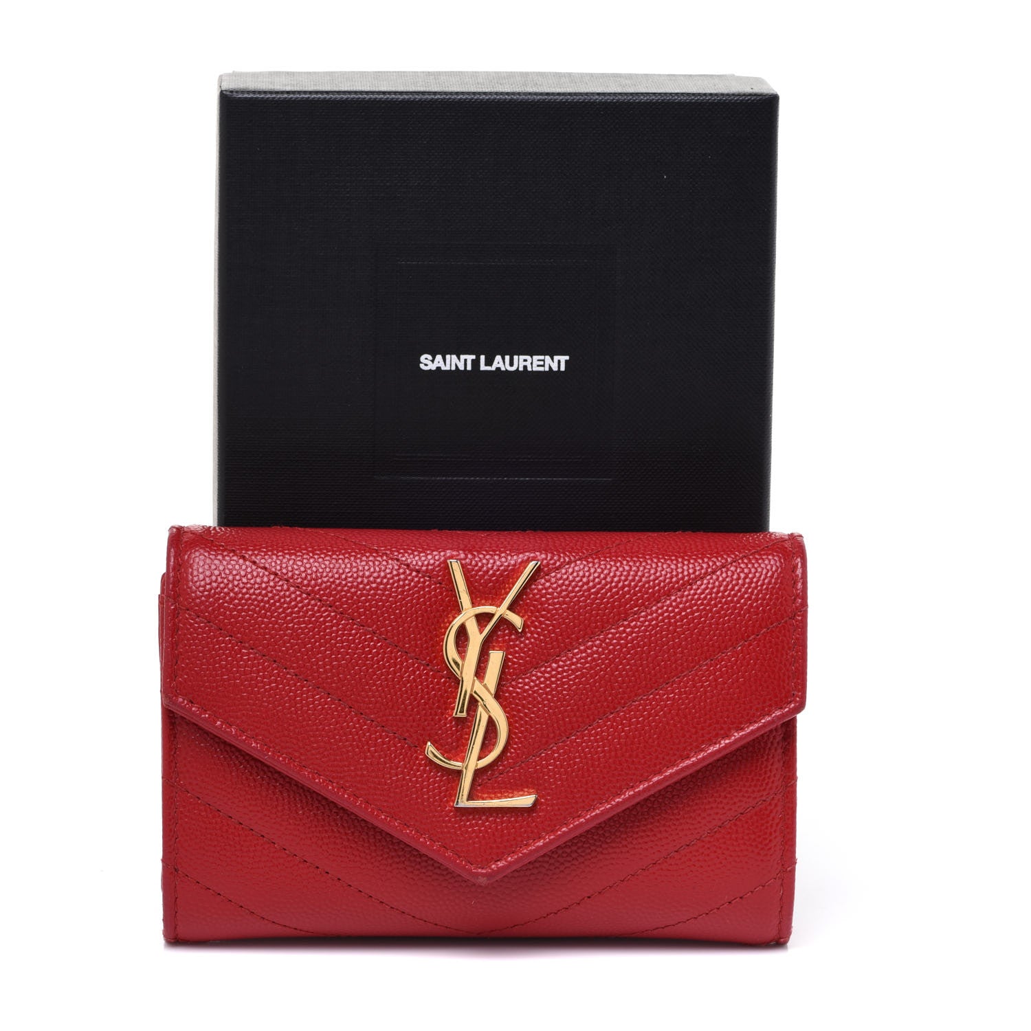 Saint Laurent Grain De Poudre Matelasse Chevron Small Monogram Envelope Wallet Rouge Eros 14 of 14