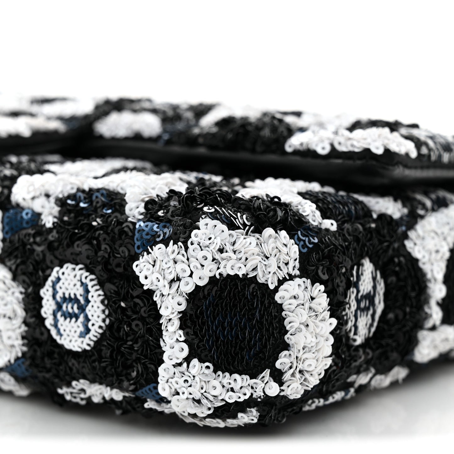 Satin Sequin Embellished Flower East West Flap Black White Blue