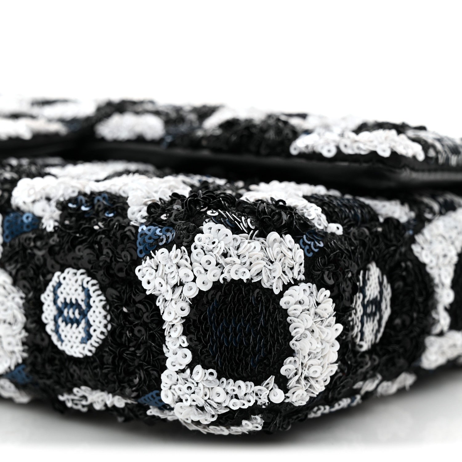 Chanel Satin Sequin Embellished Flower East West Flap Black White Blue 10 of 10