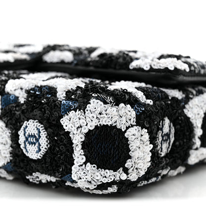 Chanel Satin Sequin Embellished Flower East West Flap Black White Blue 10 of 10