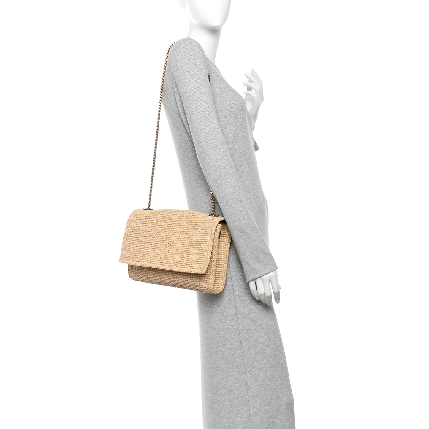 Raffia Medium Monogram Kate Satchel Natural Dark Oak