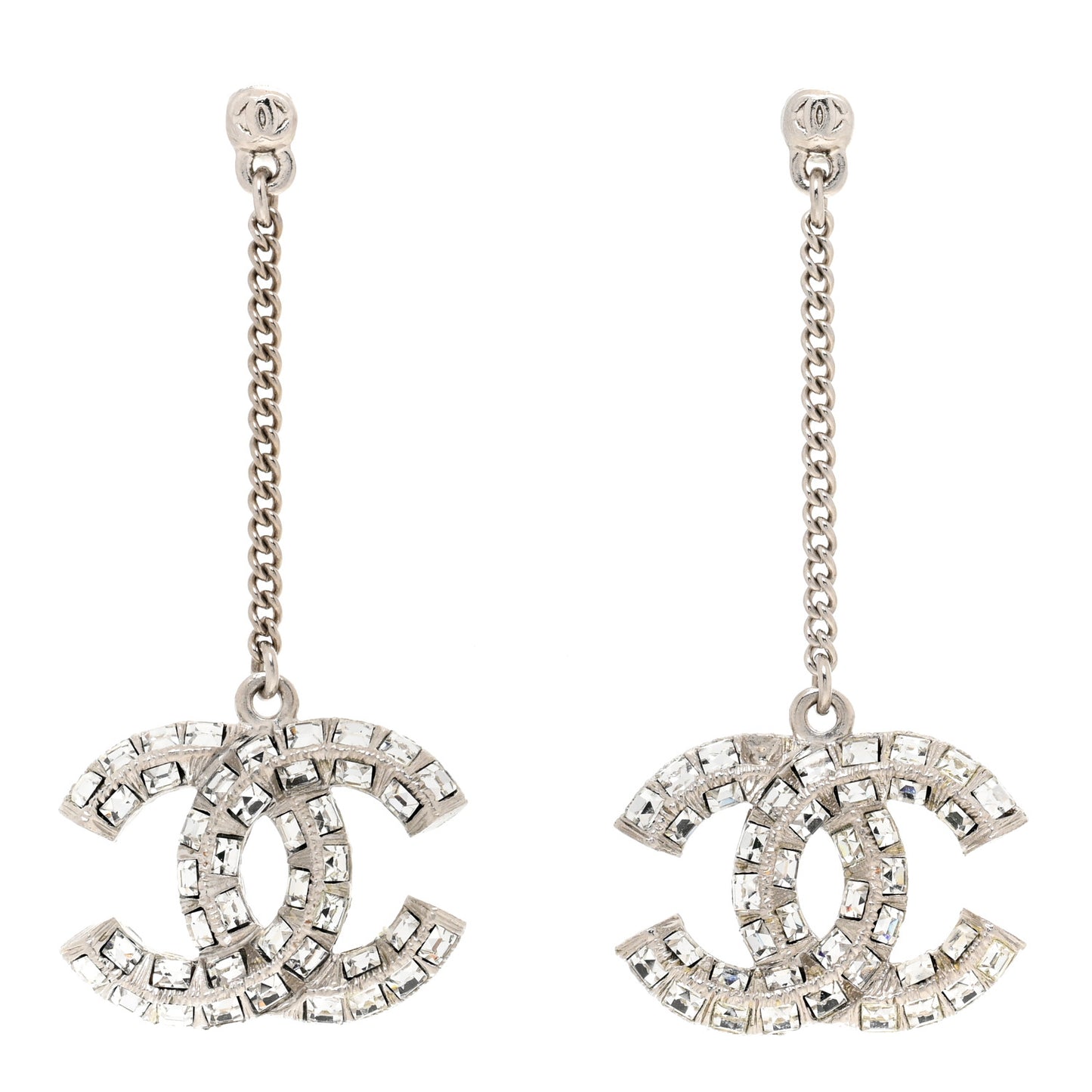 Baguette Crystal CC Drop Earrings Silver