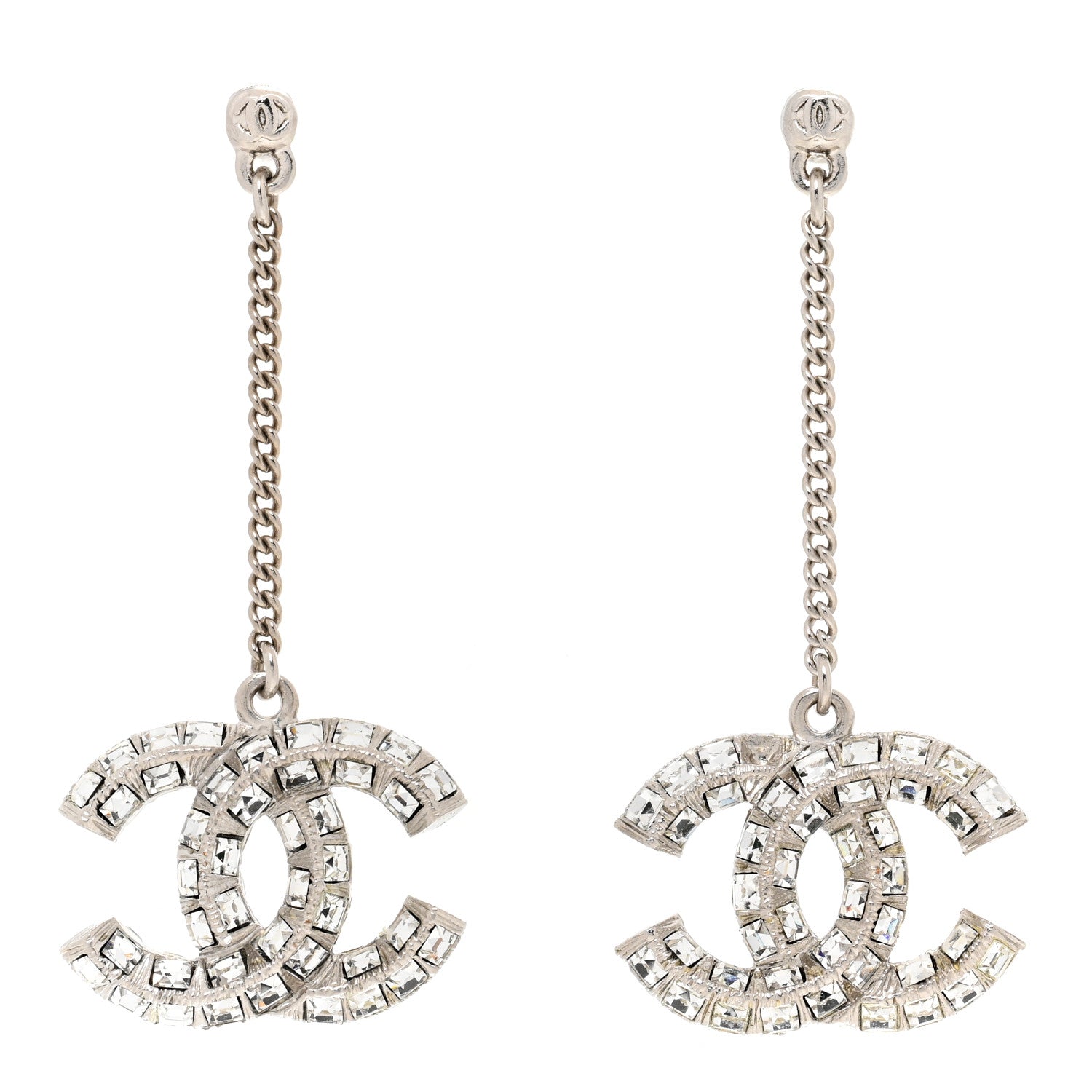 Chanel Baguette Crystal CC Drop Earrings Silver 1 of 5