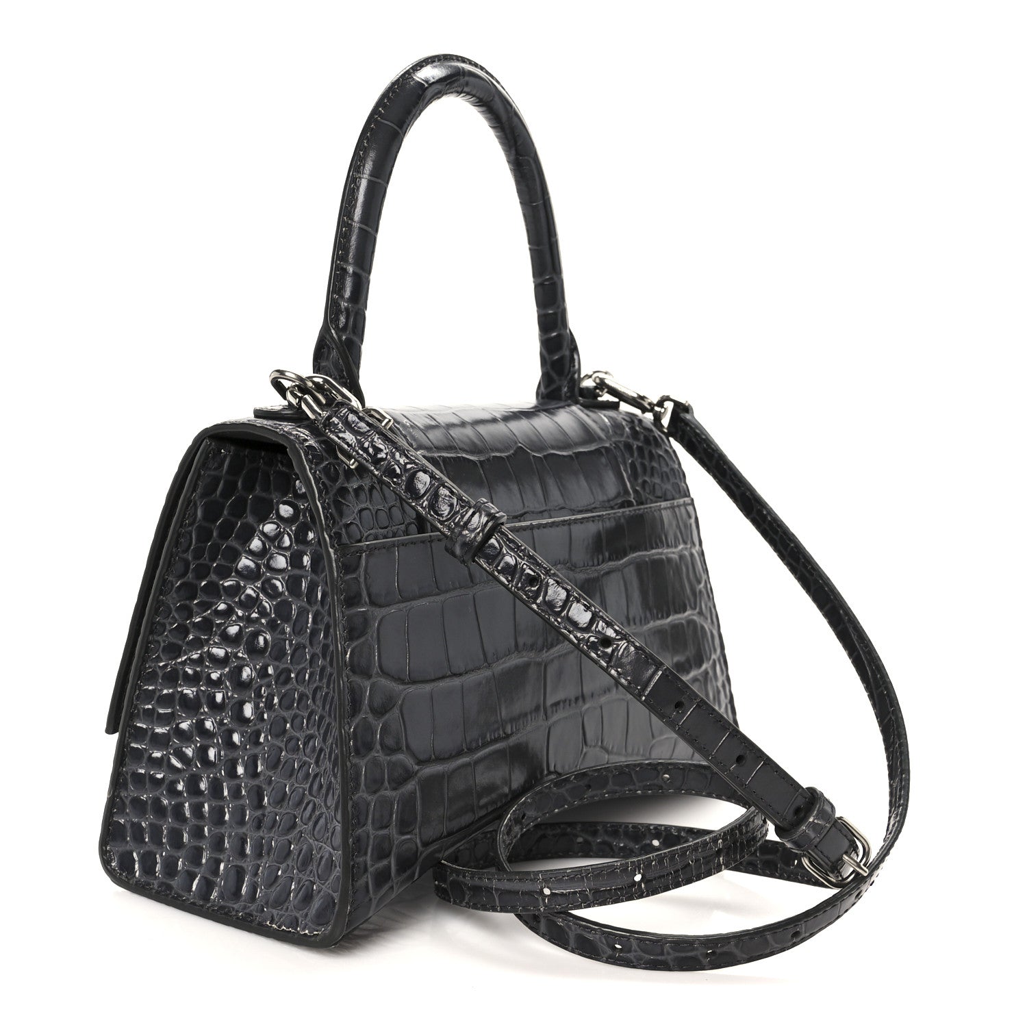 Balenciaga Shiny Calfskin Crocodile Embossed Small Hourglass Top Handle Bag Dark Grey 3 of 11
