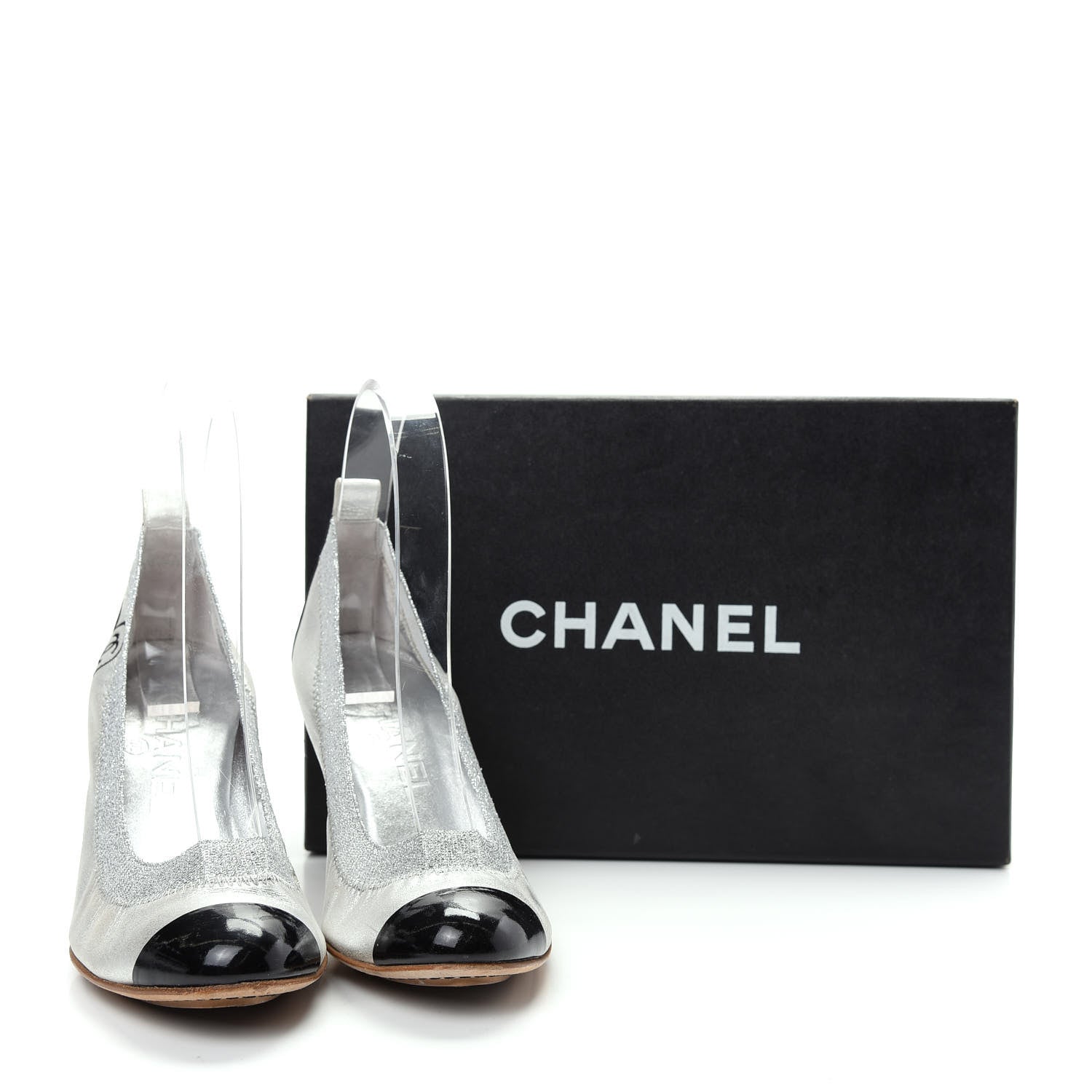 Chanel Metallic Lambskin Patent CC Elastic Stretch Pumps 36.5 Silver Black 11 of 11