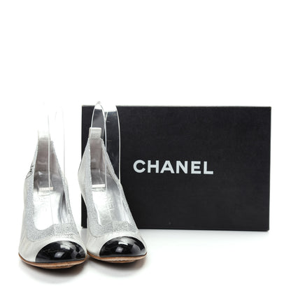 Chanel Metallic Lambskin Patent CC Elastic Stretch Pumps 36.5 Silver Black 11 of 11