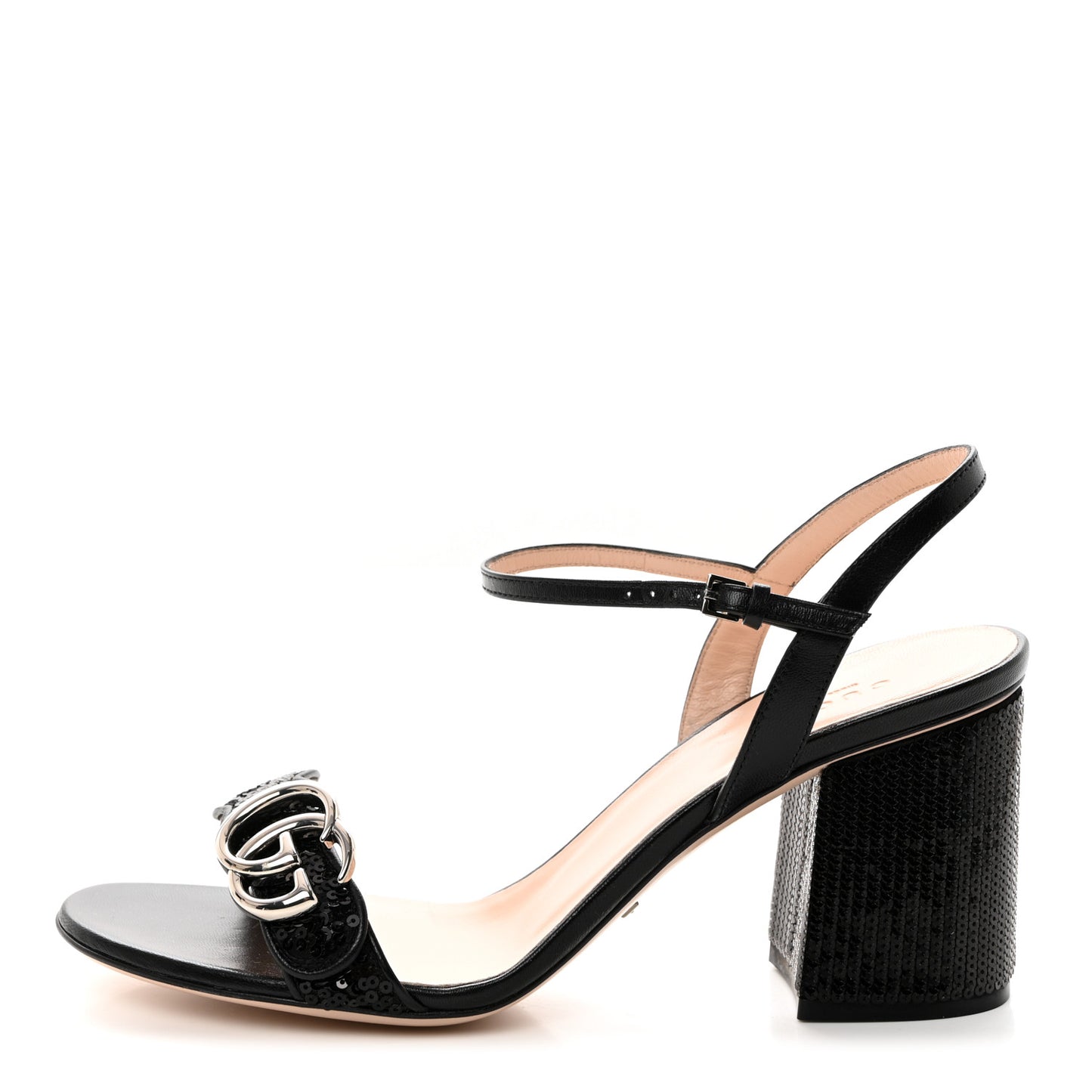 Sequin Satin Nappa GG Marmont Ankle Wrap 75mm Sandals 38.5 Black