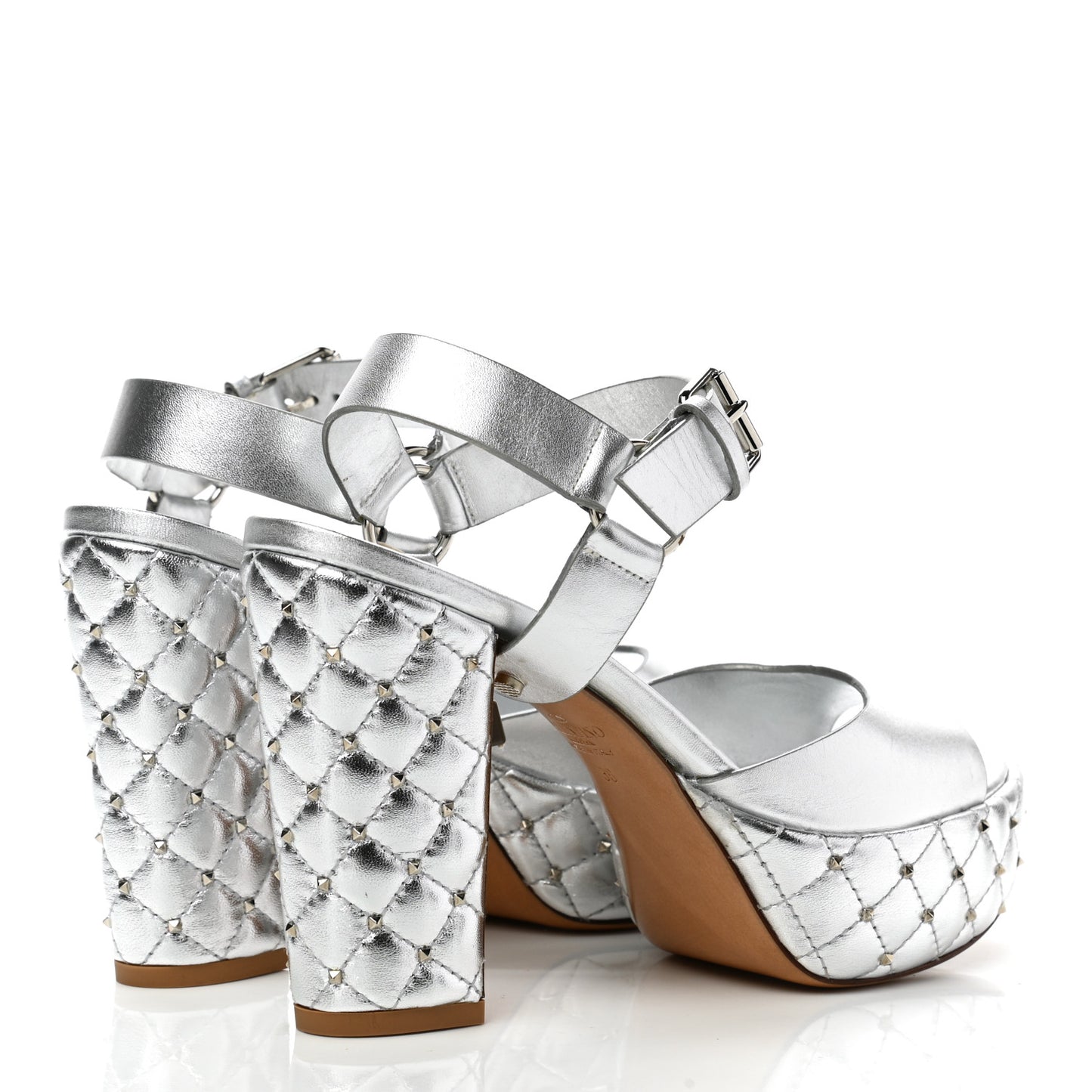 Metallic Nappa Quilted Rockstud Spike Platform Sandals 36 Silver