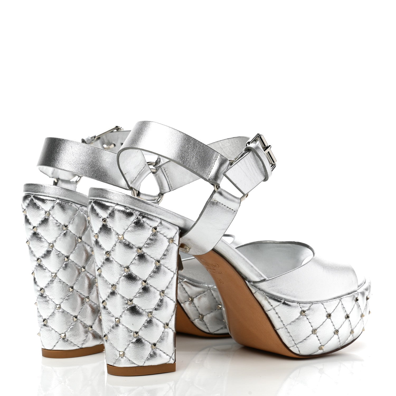 Valentino Garavani Metallic Nappa Quilted Rockstud Spike Platform Sandals 36 Silver 4 of 11