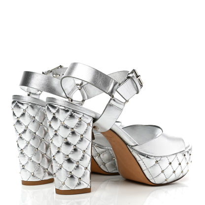 Valentino Garavani Metallic Nappa Quilted Rockstud Spike Platform Sandals 36 Silver 4 of 11