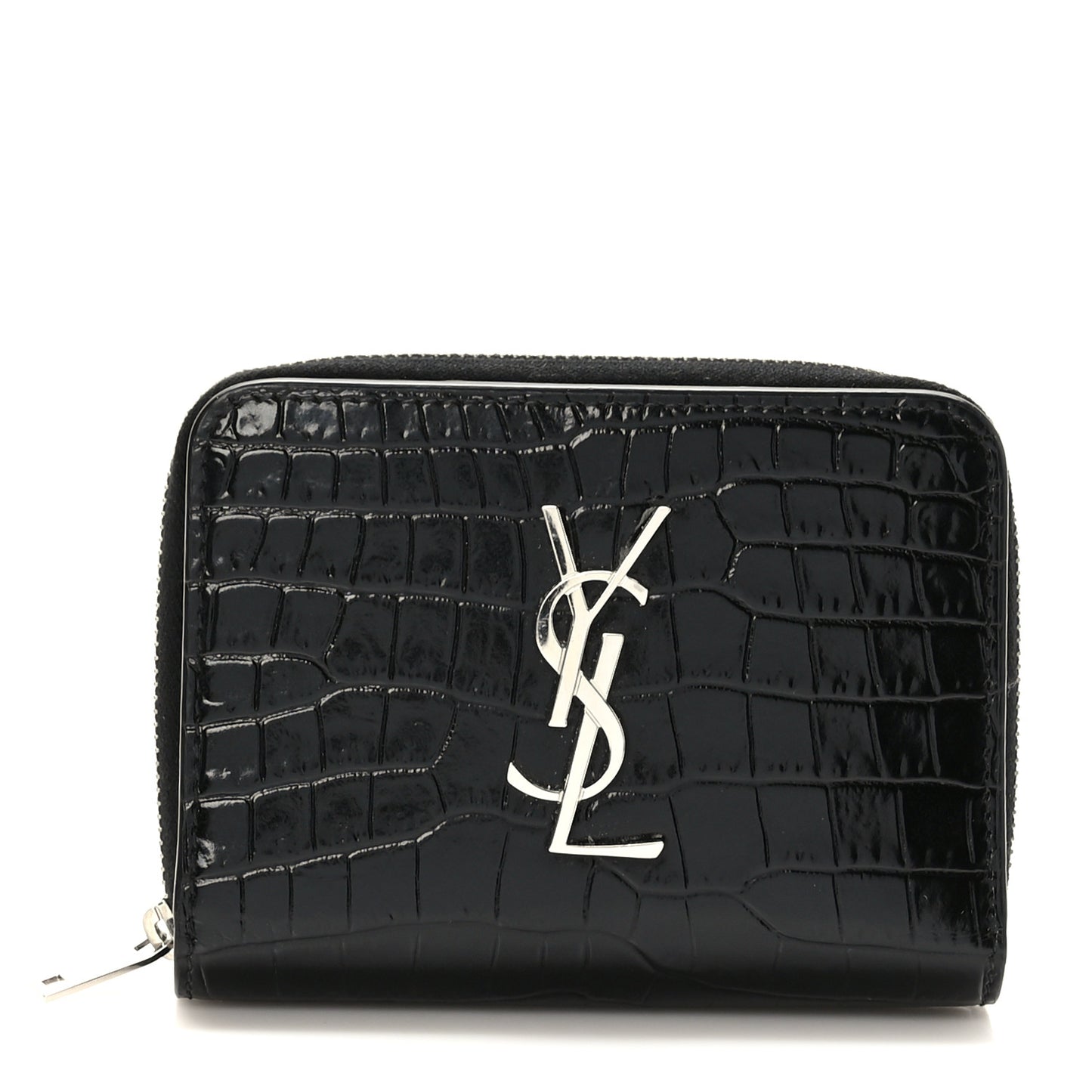 Calfskin Crocodile Embossed Monogram Compact Wallet Black