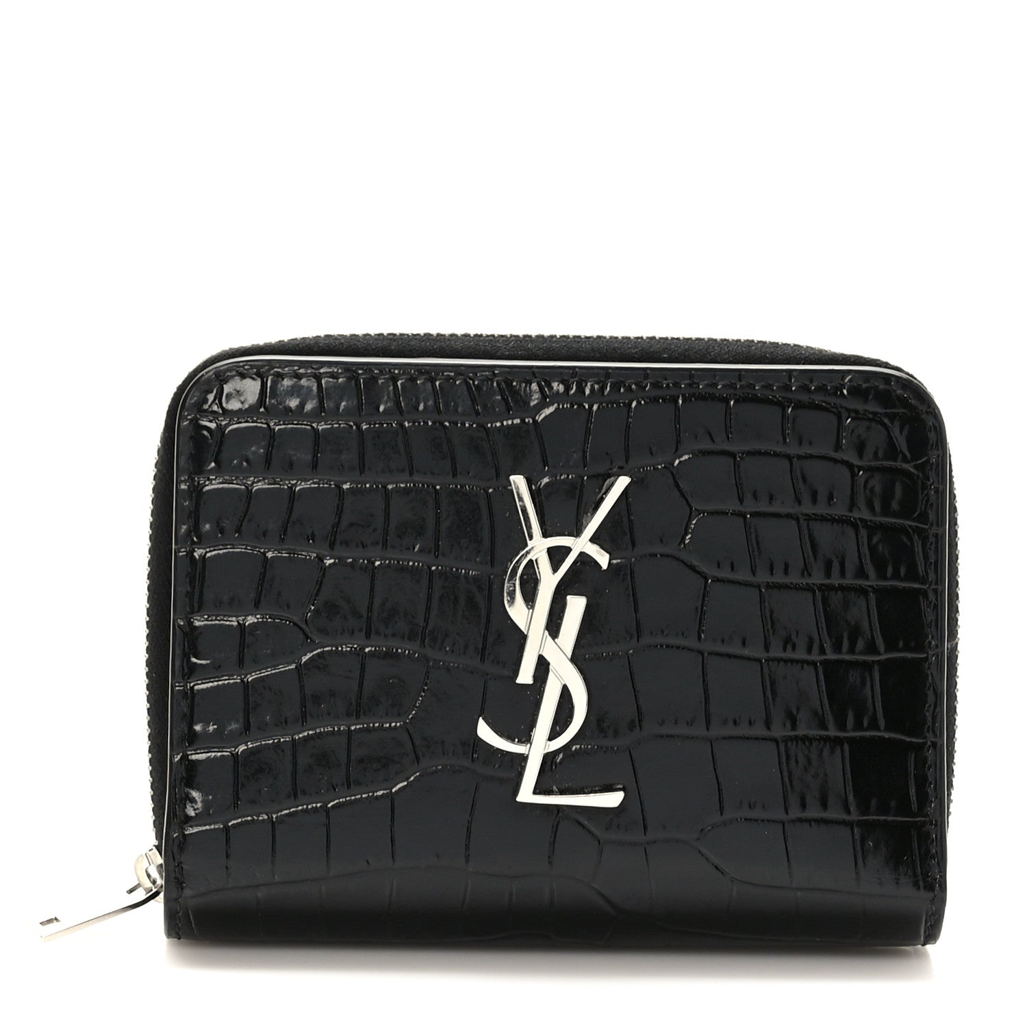Saint Laurent Calfskin Crocodile Embossed Monogram Compact Wallet Black 1 of 7