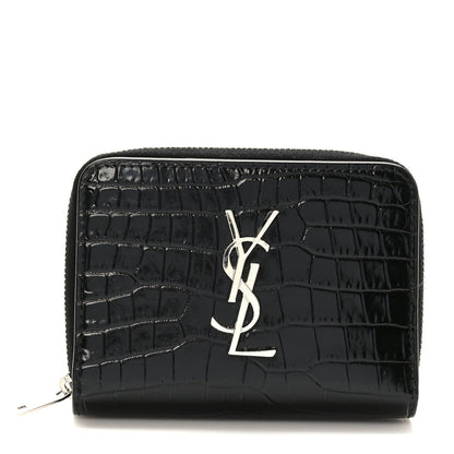 Saint Laurent Calfskin Crocodile Embossed Monogram Compact Wallet Black 1 of 7