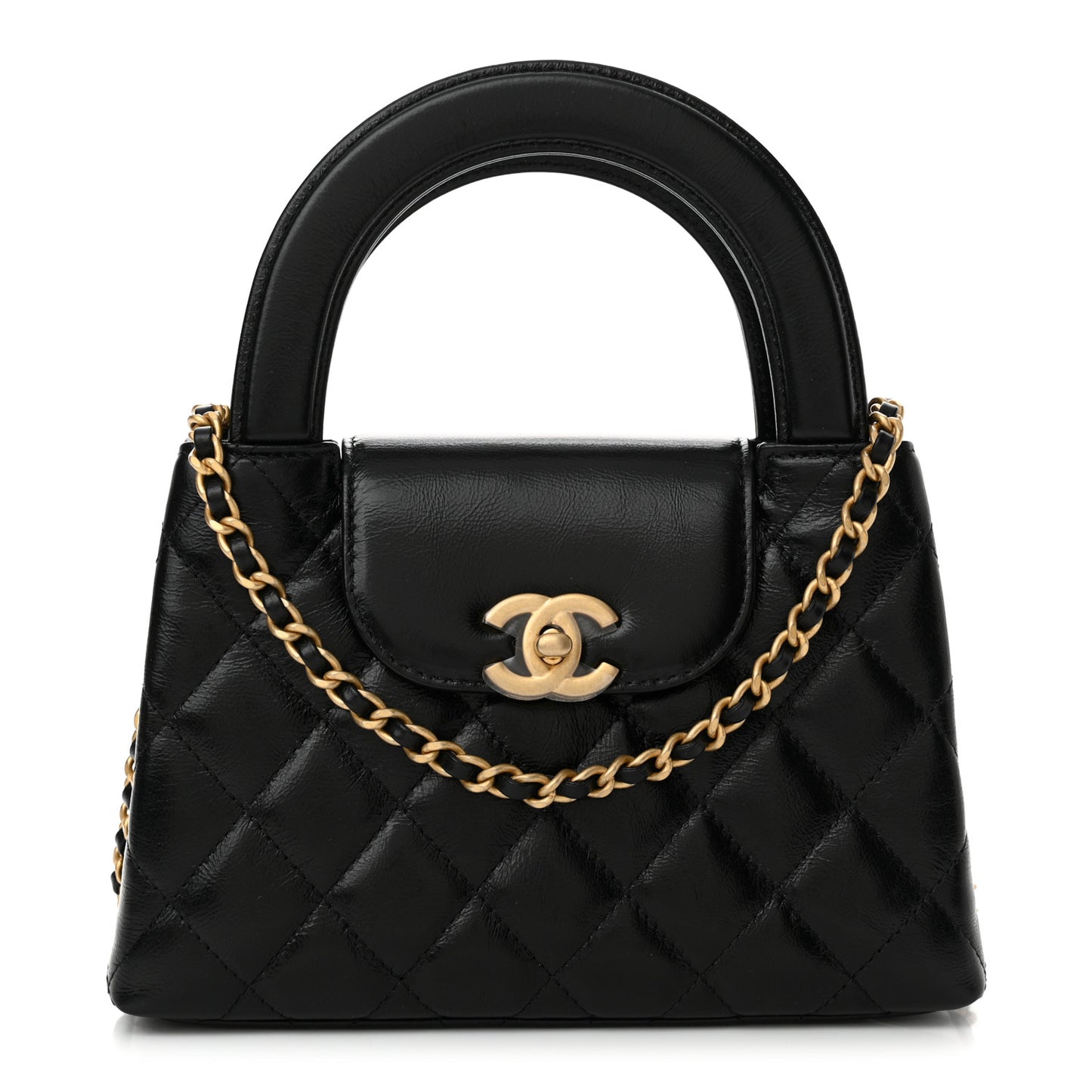 Shiny Aged Calfskin Quilted Nano Kelly Shopper Black