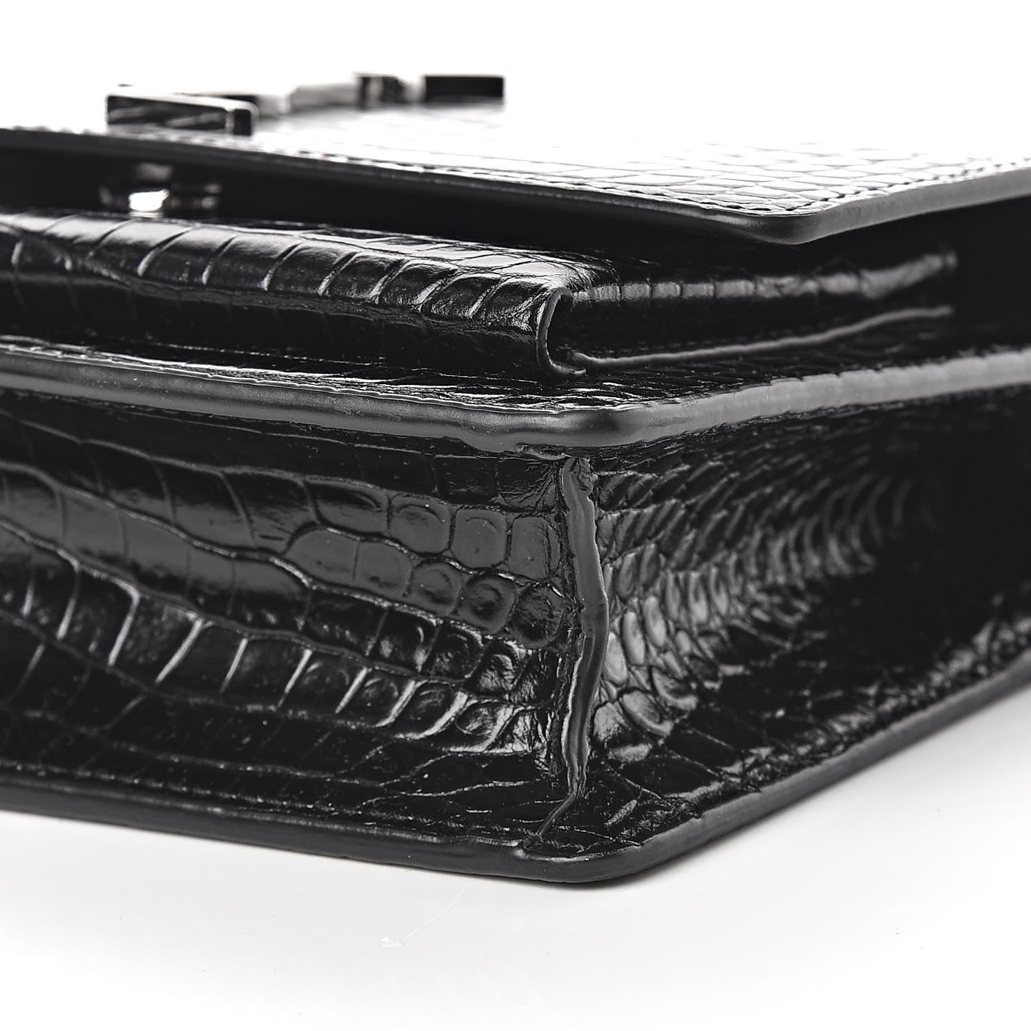 Saint Laurent Calfskin Crocodile Embossed Monogram Sunset Chain Wallet Black 8 of 9