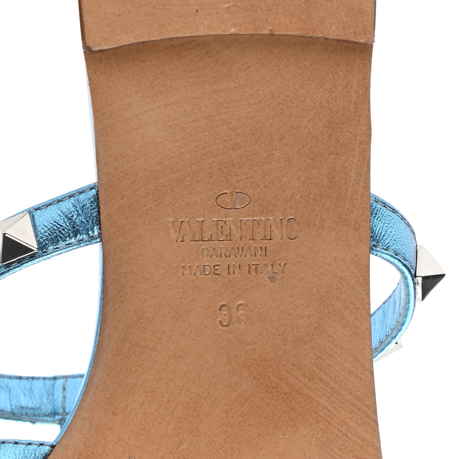 Valentino Garavani Metallic Calfskin Rockstud Caged Flat Slide Sandals 36 Cerulean 6 of 9