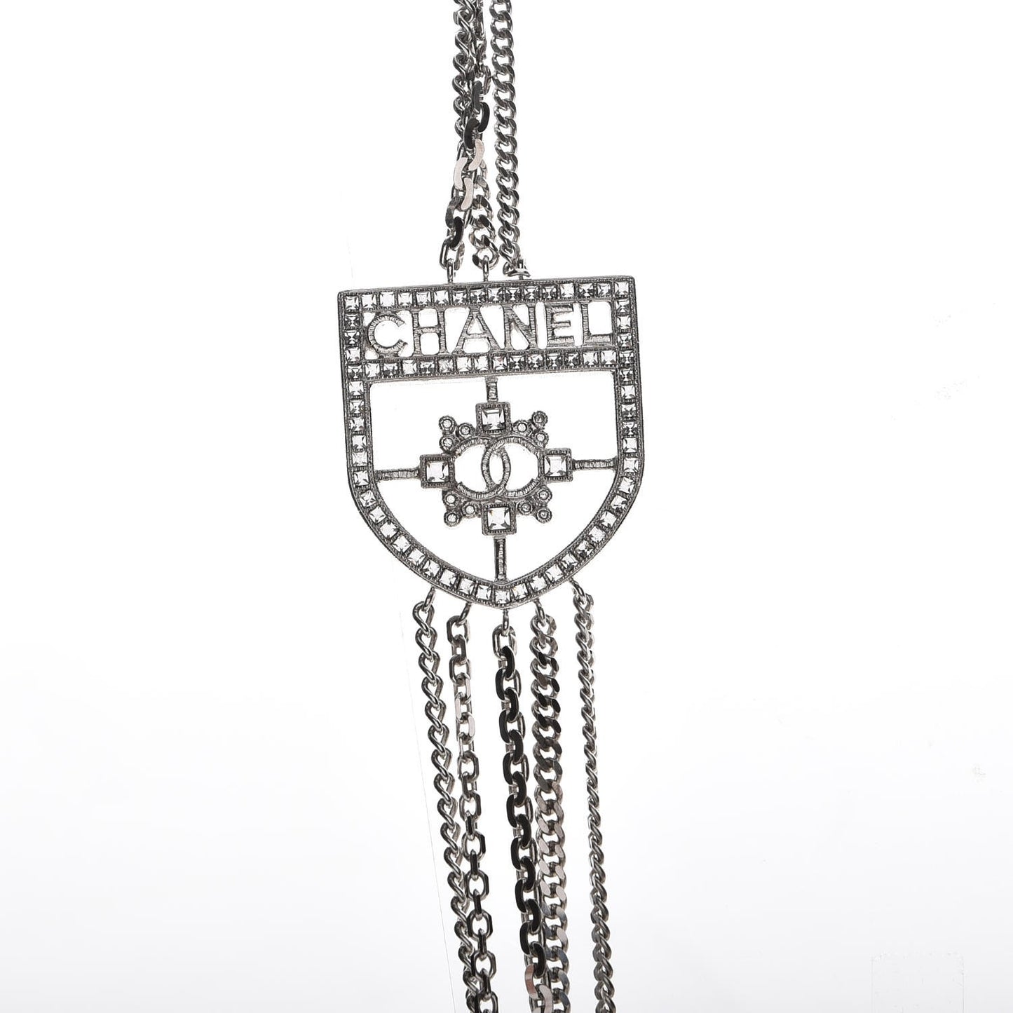 Baguette Crystal CC Shield Multi Strand Long Chain Necklace Silver