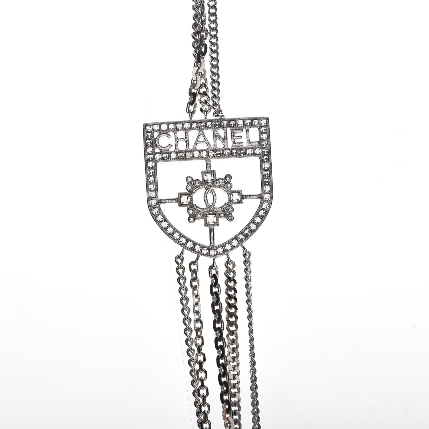 Chanel Baguette Crystal CC Shield Multi Strand Long Chain Necklace Silver 4 of 6