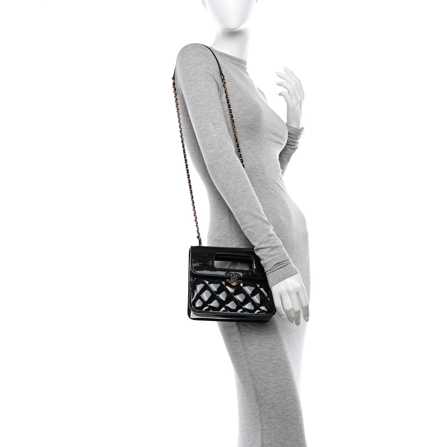 Chanel Patent Quilted Mini Graphic Catch Flap Black 2 of 10