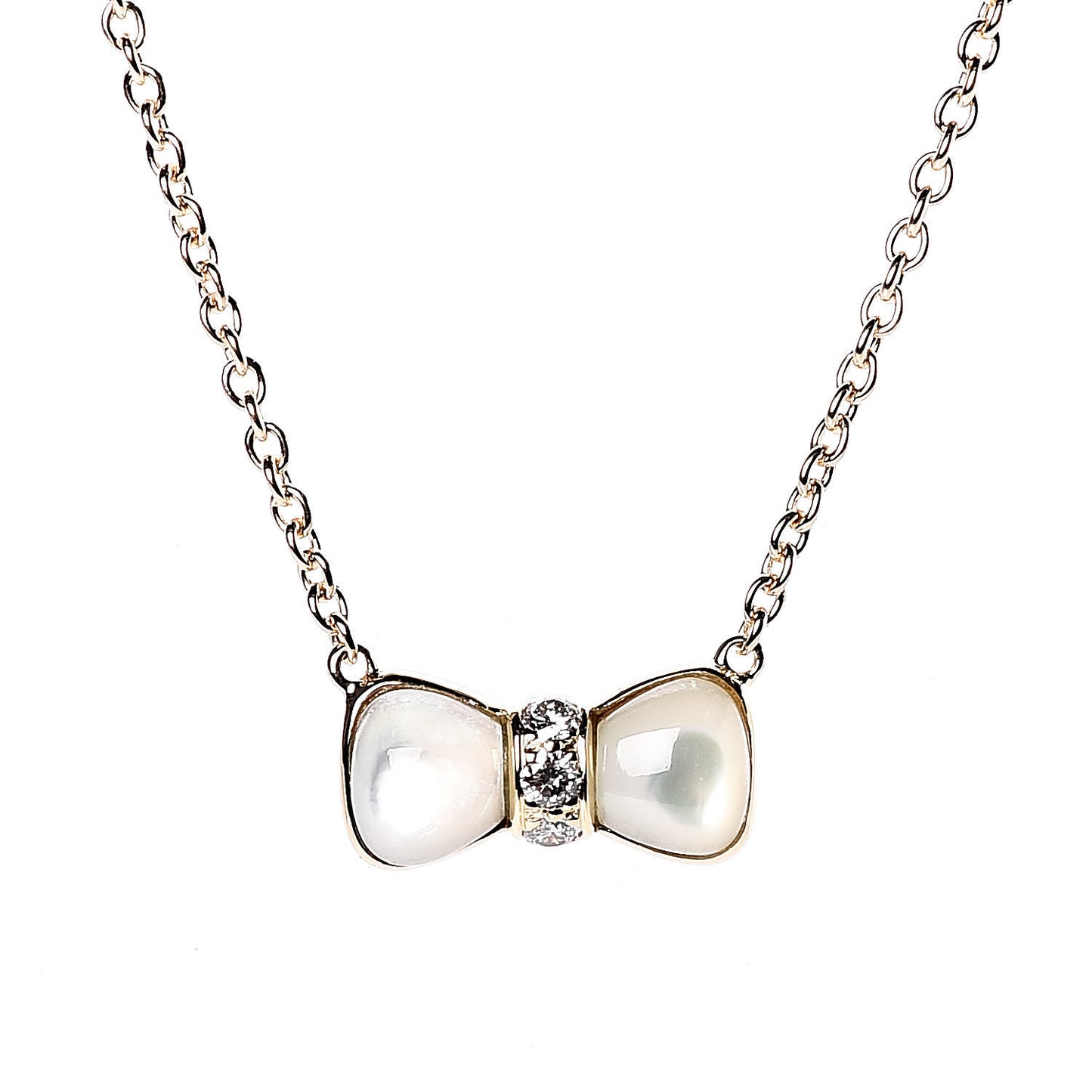 18K Yellow Gold Diamond Mother of Pearl Bow Pendant Necklace