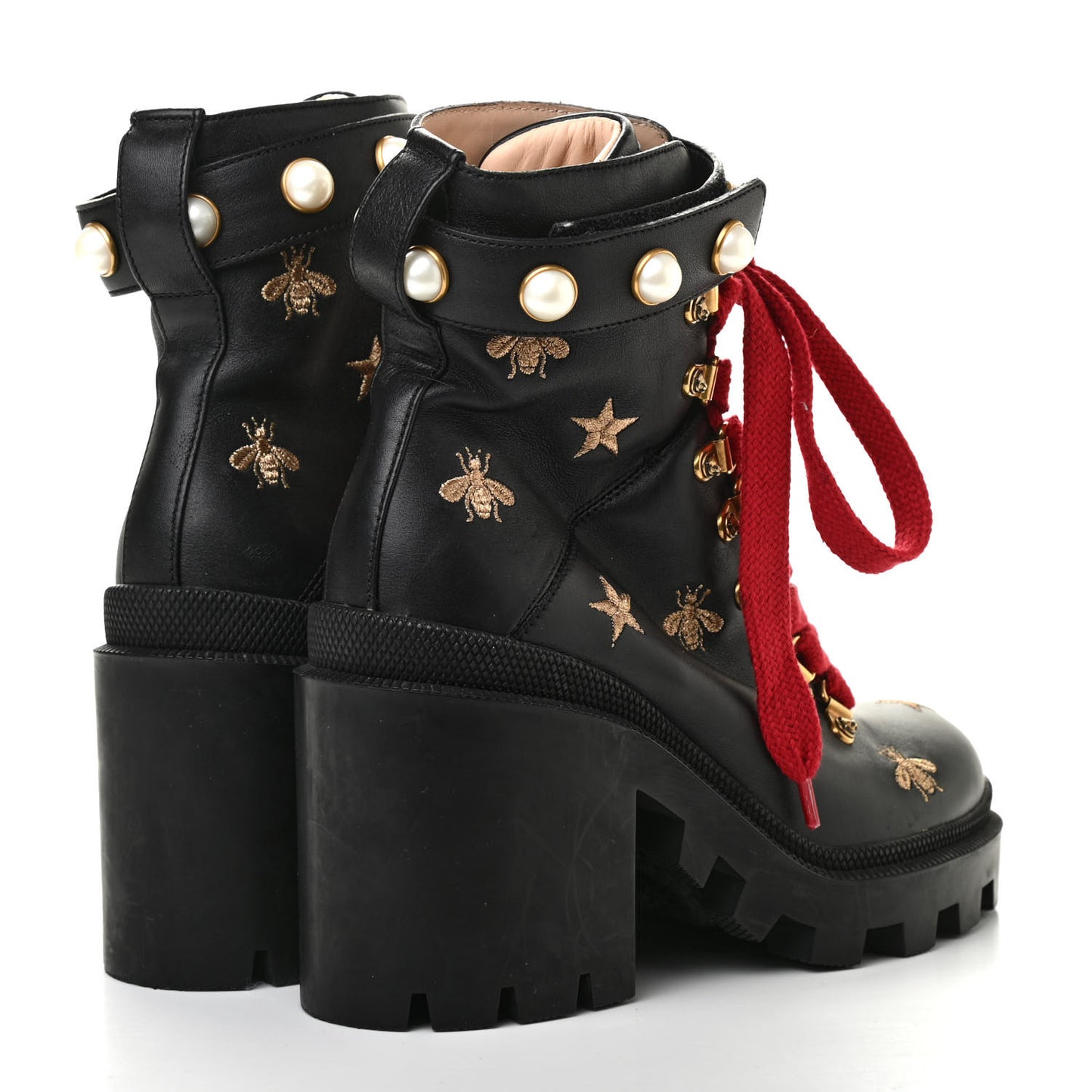 Calfskin Embroidered Lace Up Combat Ankle Boots 36 Black