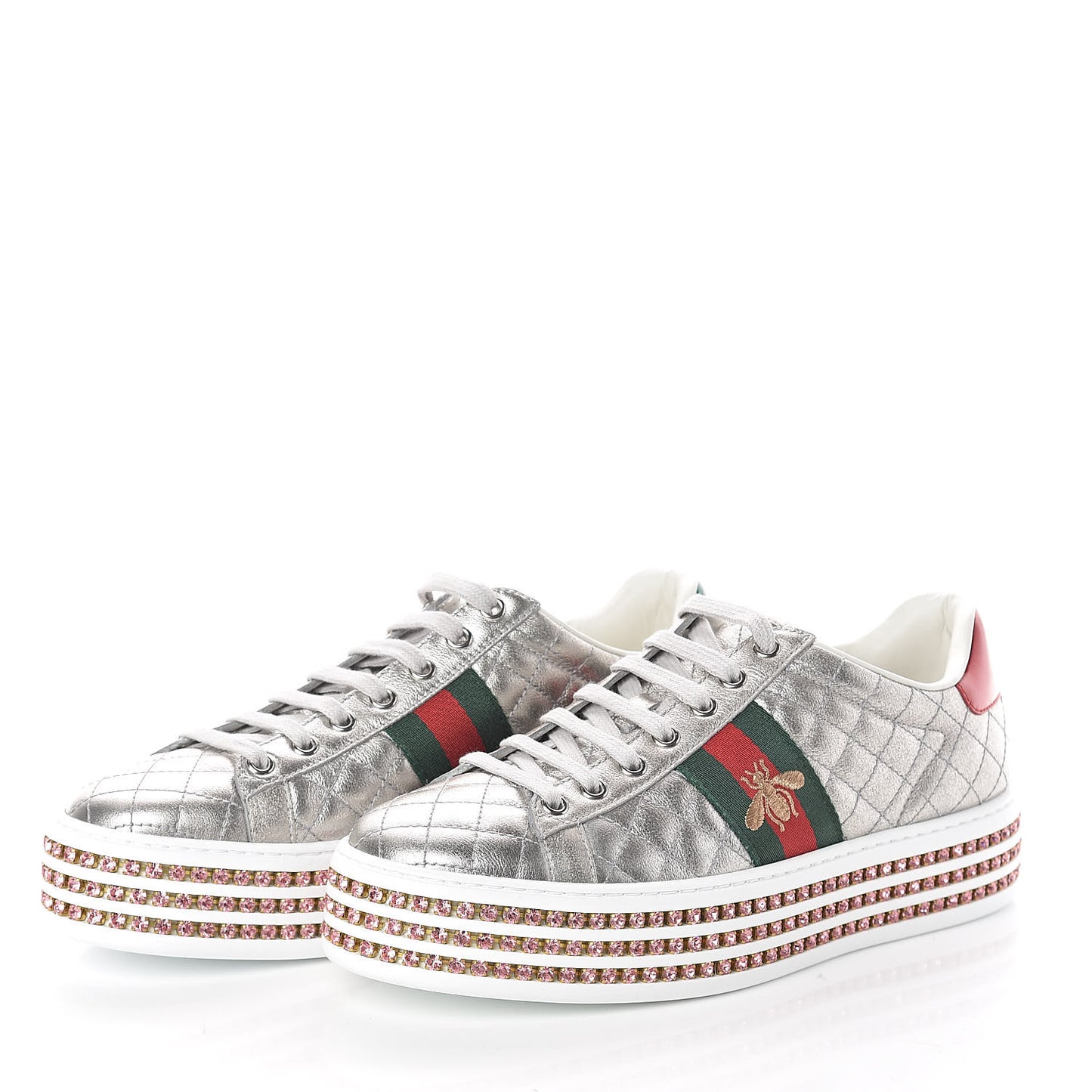 Laminated Nappa Crystal Web Bee Embroidered Trapuntata Womens Ace Platform Sneakers 38.5 Argento