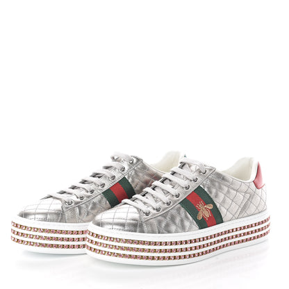 Gucci Laminated Nappa Crystal Web Bee Embroidered Trapuntata Womens Ace Platform Sneakers 38.5 Argento 3 of 7