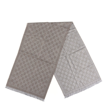 Gucci Wool Jacquard GG Monogram Sten Fringe Scarf Taupe Light Grey 2 of 3