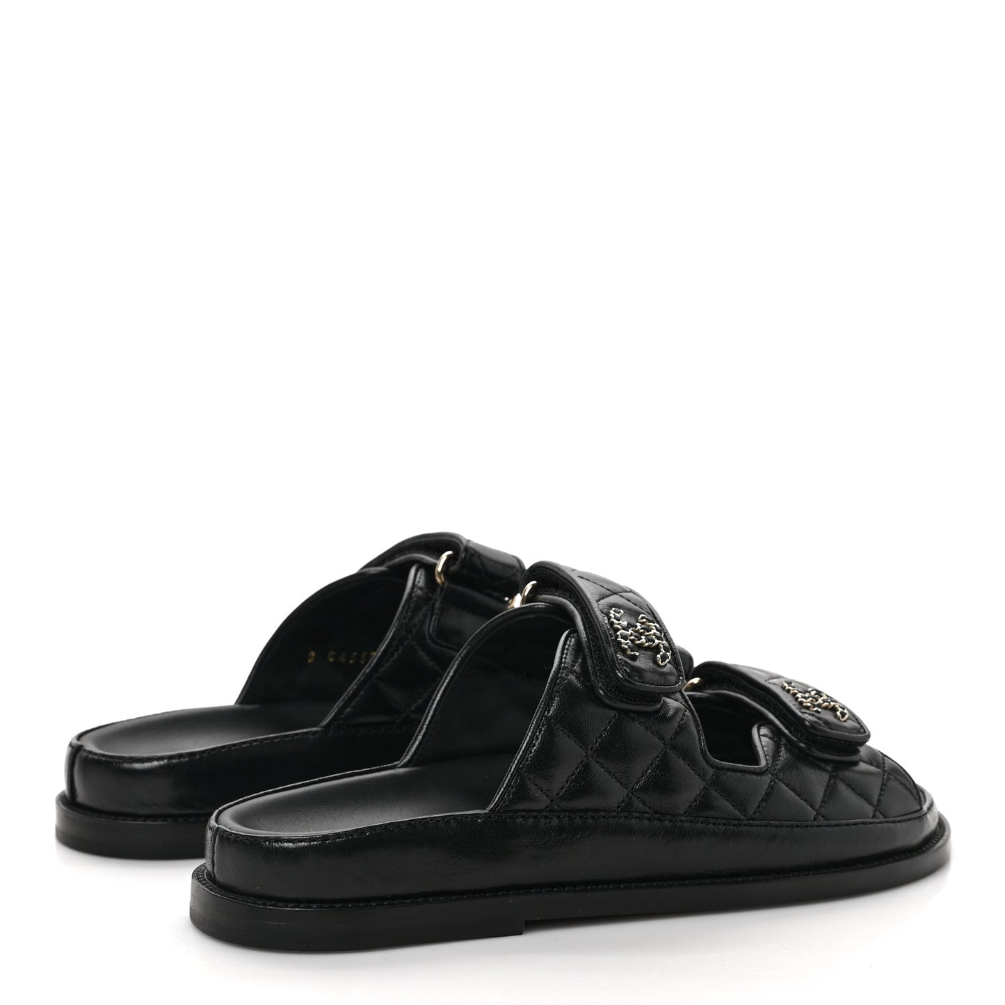 Lambskin Quilted Velcro Dad Chain CC Slide Sandals 36.5 Black