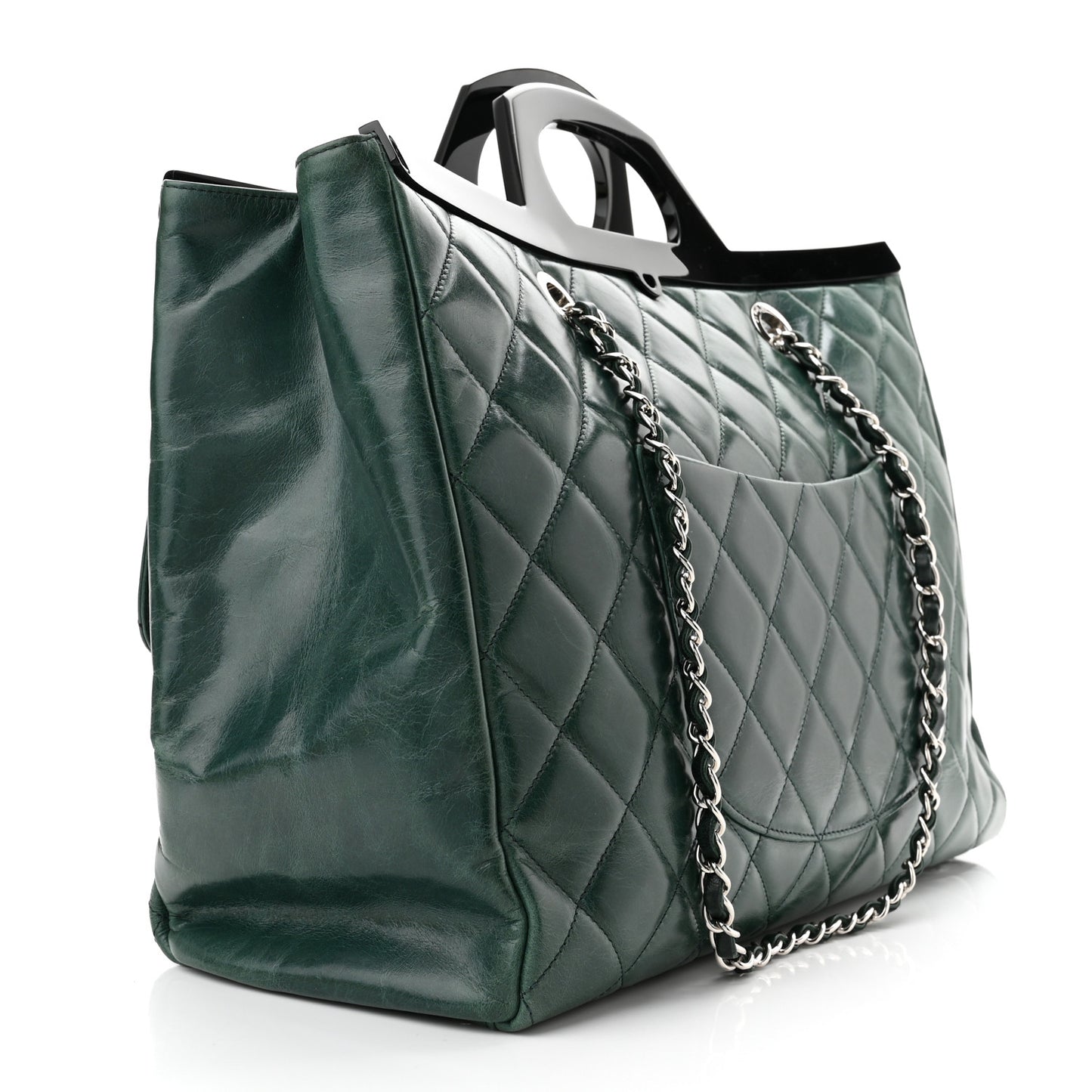 Glazed Calfskin Quilted Large CC Delivery Tote Green