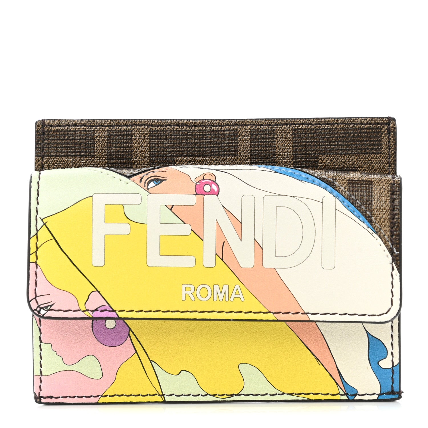 Fendi Glazed Fabric Vitello Liberty FF 1974 Logo Hairdo Girls Inlay Fold Over Card Holder Wallet Mogano Panna Multicolor 1 of 8