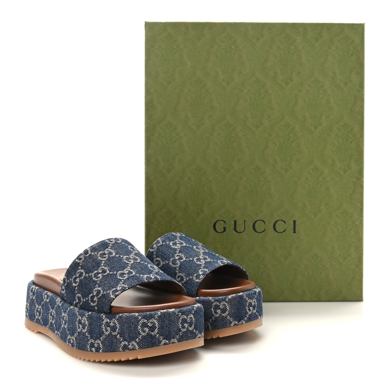 Gucci New Denim GG Monogram Angelina Platform 55mm Slide Sandals 36.5 Blue Tea 9 of 9