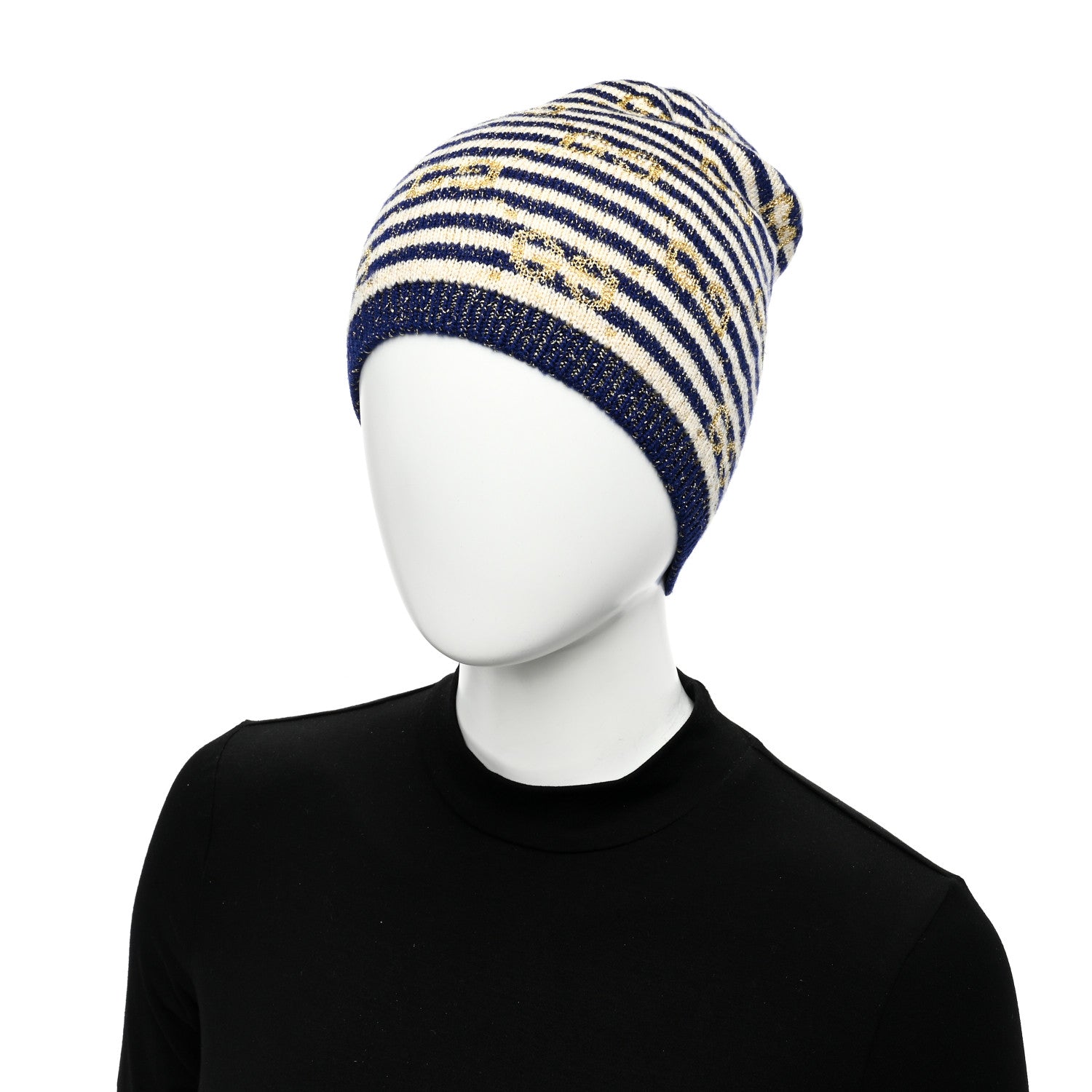 Gucci Cotton Monogram Jumbo GG Beanie Hat S Navy Ivory 2 of 5