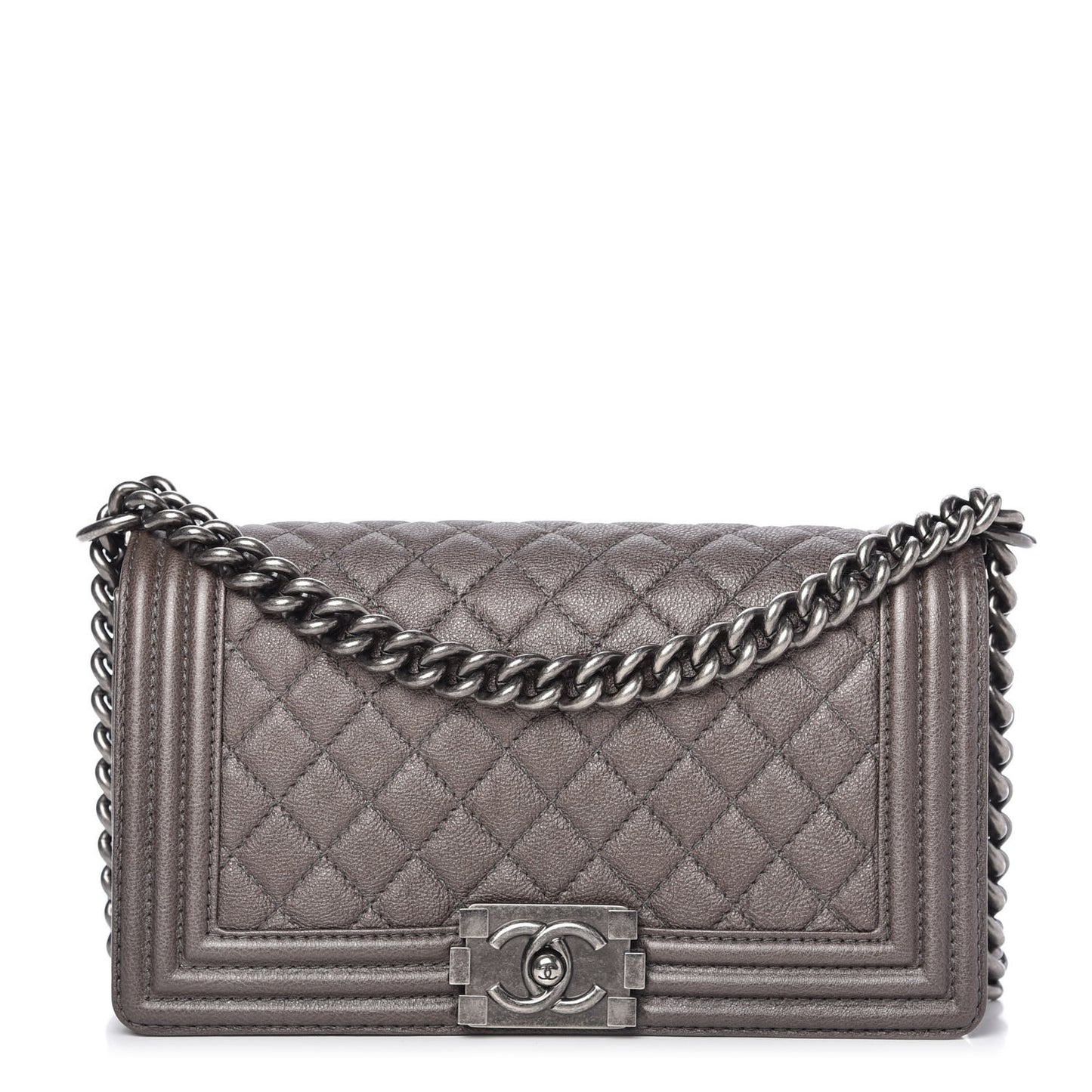 Metallic Calfskin Quilted Medium Boy Flap Dark Silver