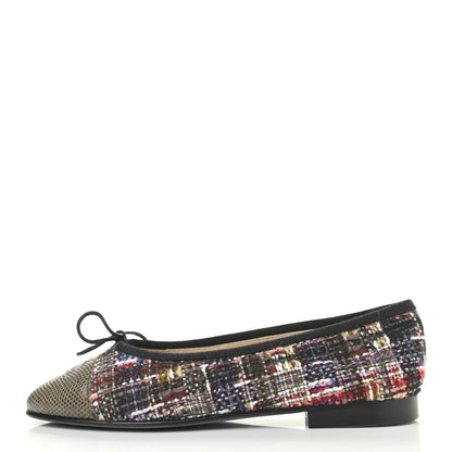 Chanel Tweed Lizard CC Cap Toe Ballerina Flats 38 Multicolor Khaki 1 of 9