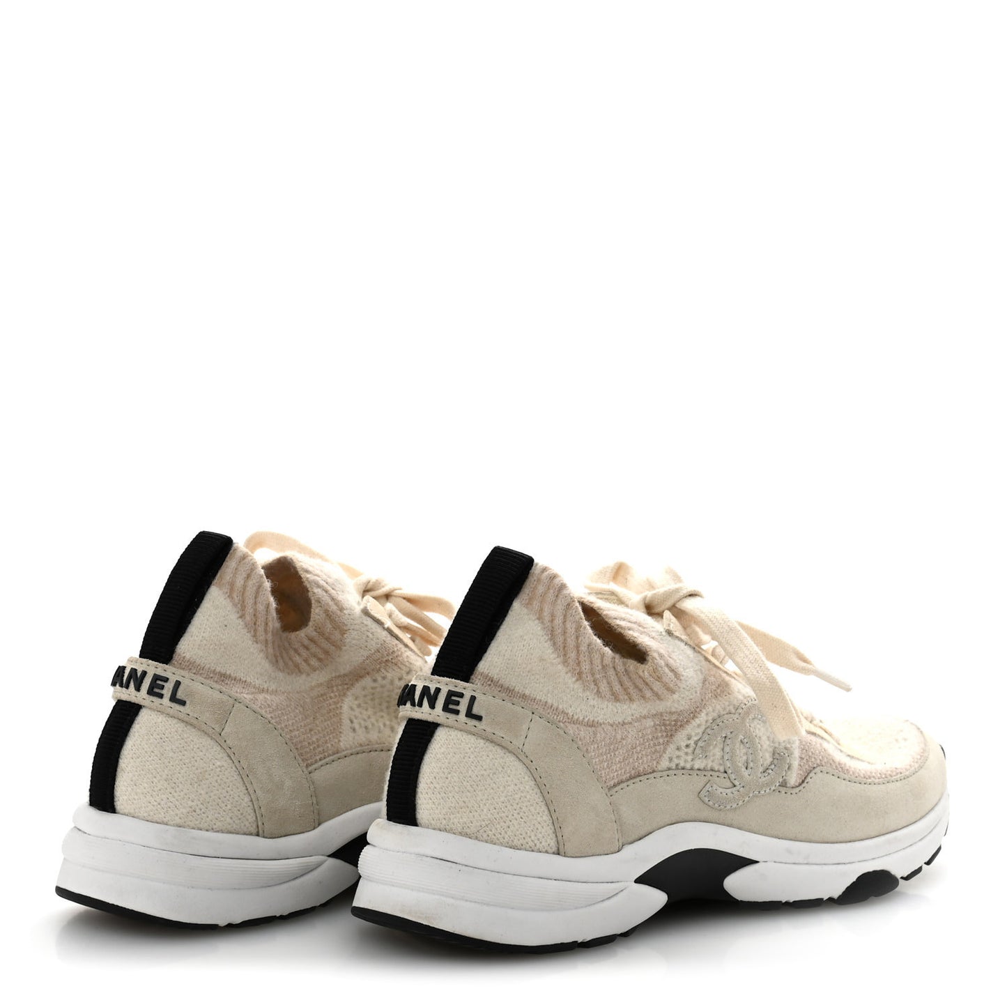 Knit Fabric Suede Calfskin Womens CC Sneakers 37 Ivory