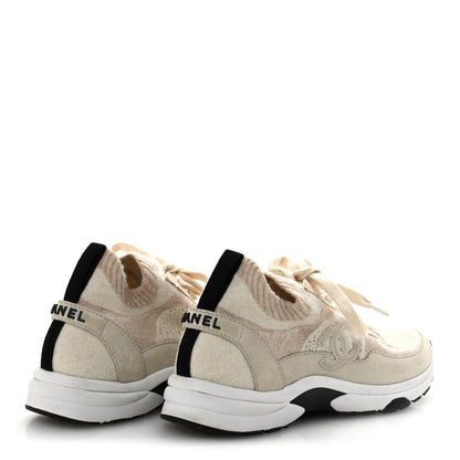 Chanel Knit Fabric Suede Calfskin Womens CC Sneakers 37 Ivory 5 of 10
