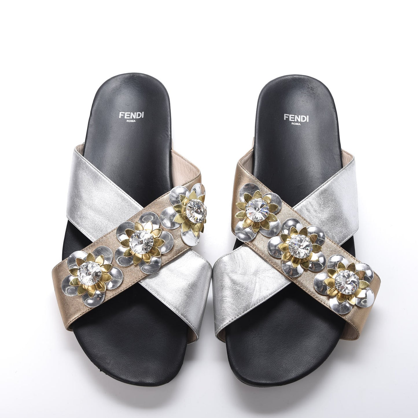 Metallic Nappa Crystal Flowerland Crisscross Slide Sandals 40 Argento Bronze Gold