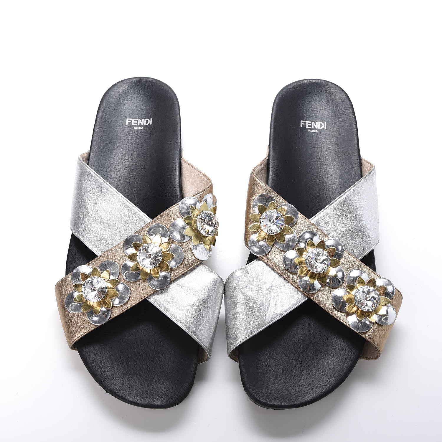 Fendi Metallic Nappa Crystal Flowerland Crisscross Slide Sandals 40 Argento Bronze Gold 5 of 10