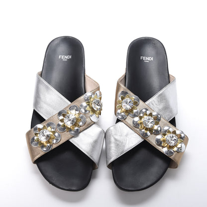 Fendi Metallic Nappa Crystal Flowerland Crisscross Slide Sandals 40 Argento Bronze Gold 5 of 10